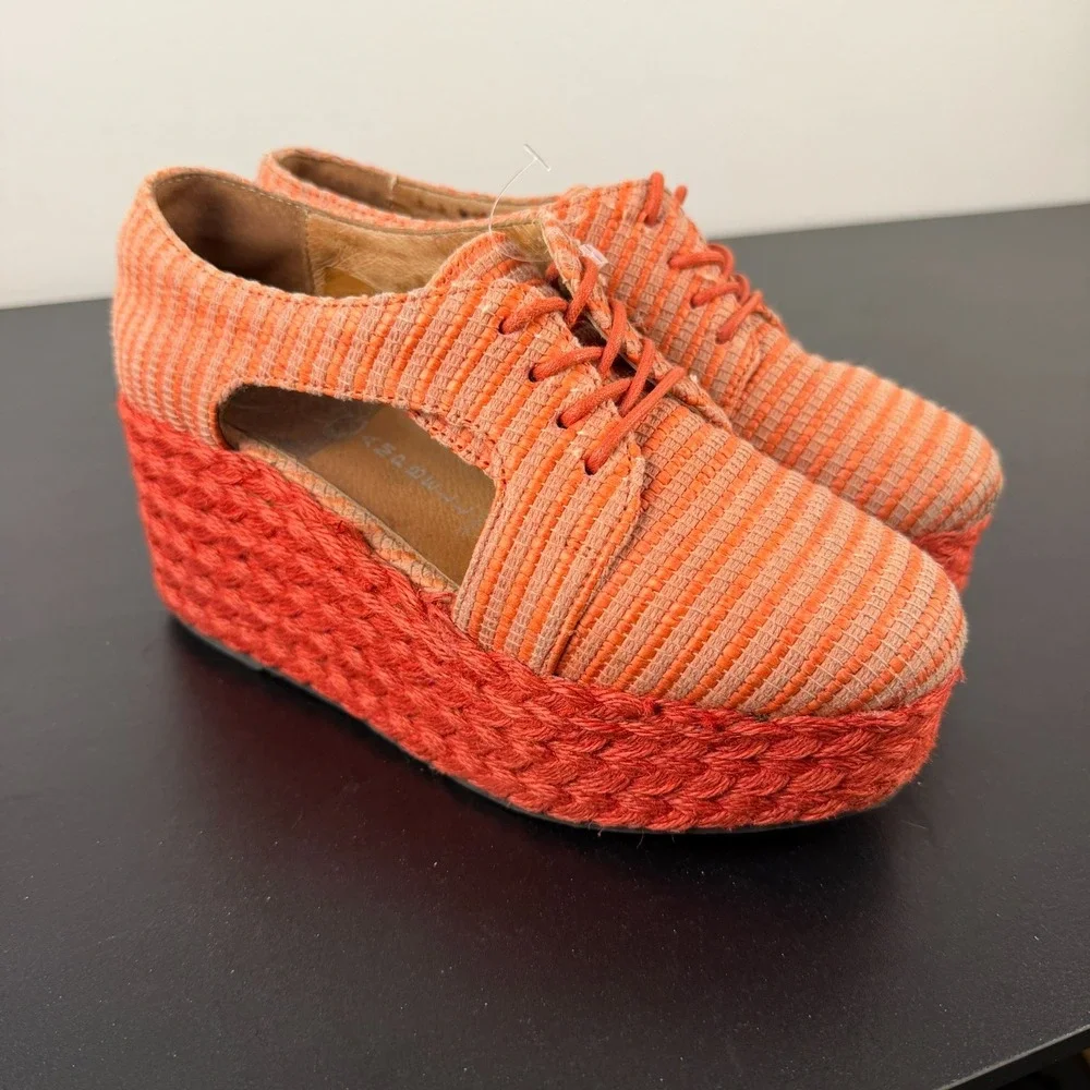 Jeffrey Campbell Tahiti Last Platform Espadrilles Womens 7 Orange Raffia Lace-Up